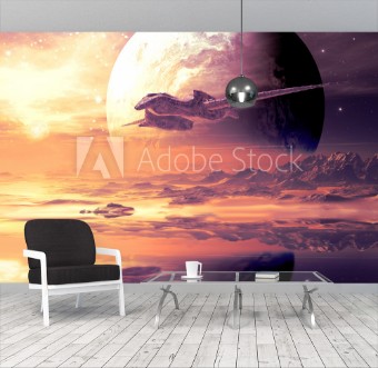 Picture of Flightpath of Alien Spaceship over Distant Planet